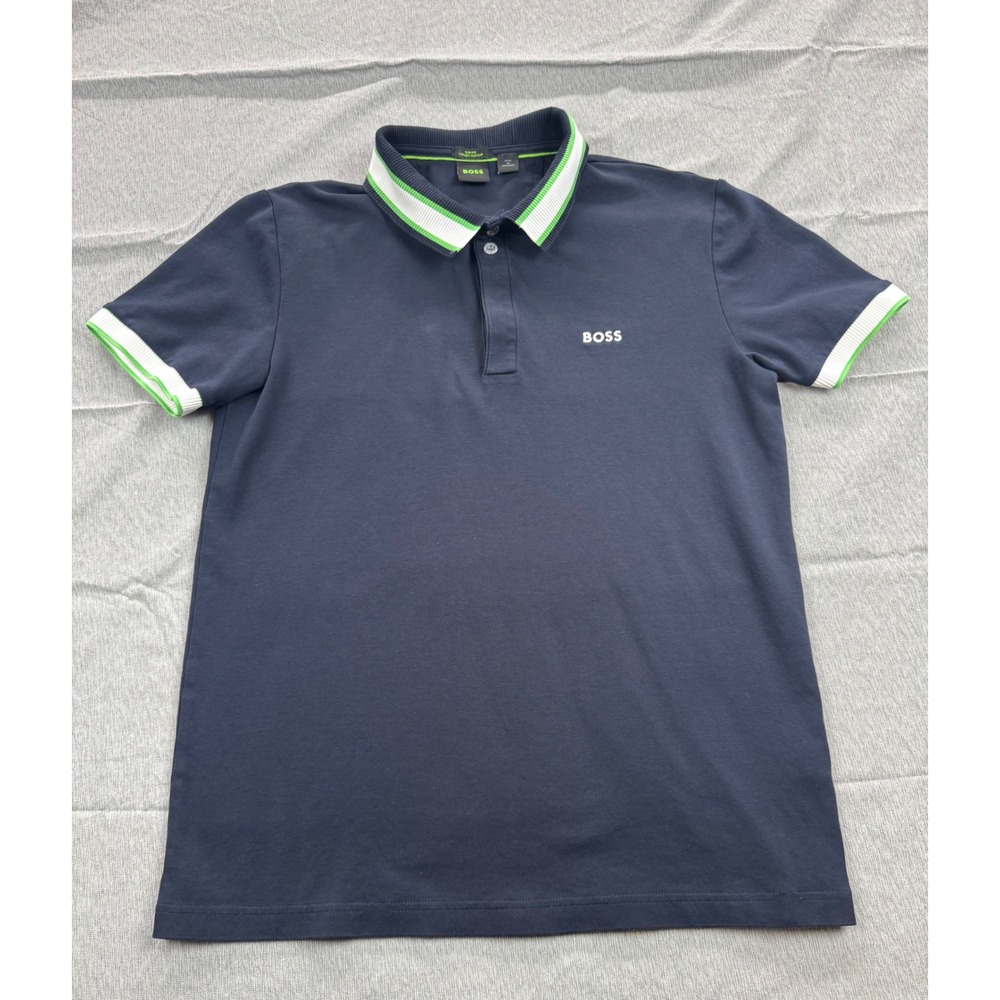 Hugo Boss Mens Large Slim Fit Luxury Cotton Polo Shirt Navy Blue Green Tipped